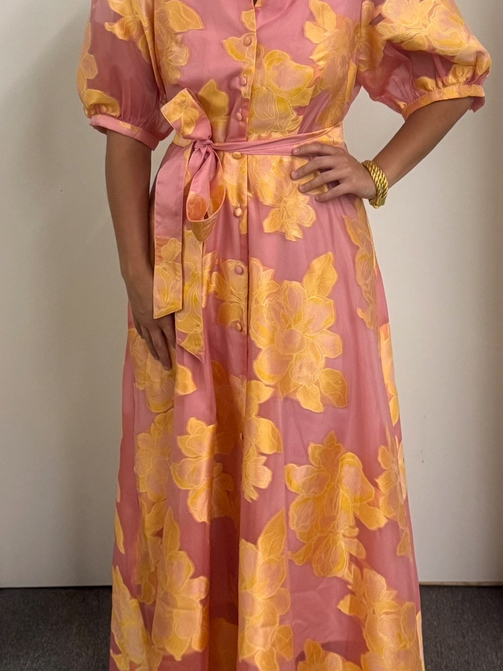 Pink and Yellow Floral Tie-Waist Maxi Dress - Women's